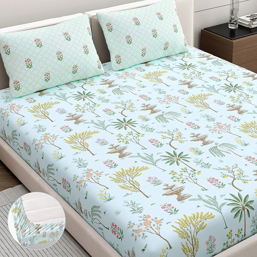 Dreamscape Cotton King Fitted Floral Bedsheet With 2 Pillow Covers Mint Green