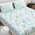 Dreamscape Cotton King Fitted Floral Bedsheet With 2 Pillow Covers Mint Green