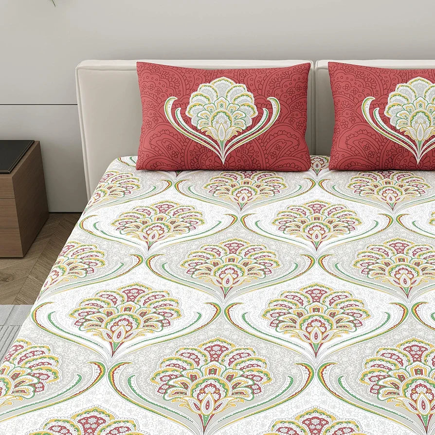 Dreamscape Cotton King Fitted Printed Bedsheet with 2 Pillow Covers Barn Red