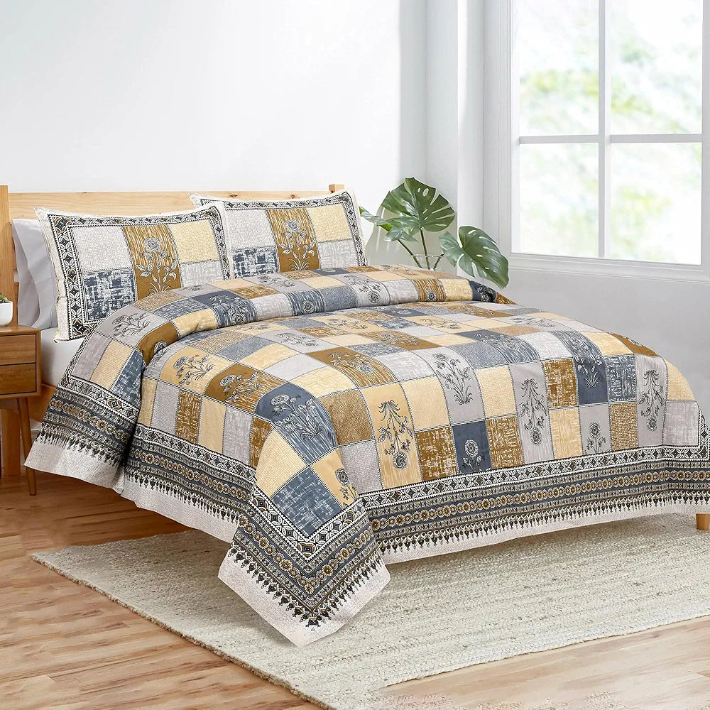 Kuber Industries Double Bedsheet with 2 Pillow Covers 160 TC Premium Cotton Gray & Yellow
