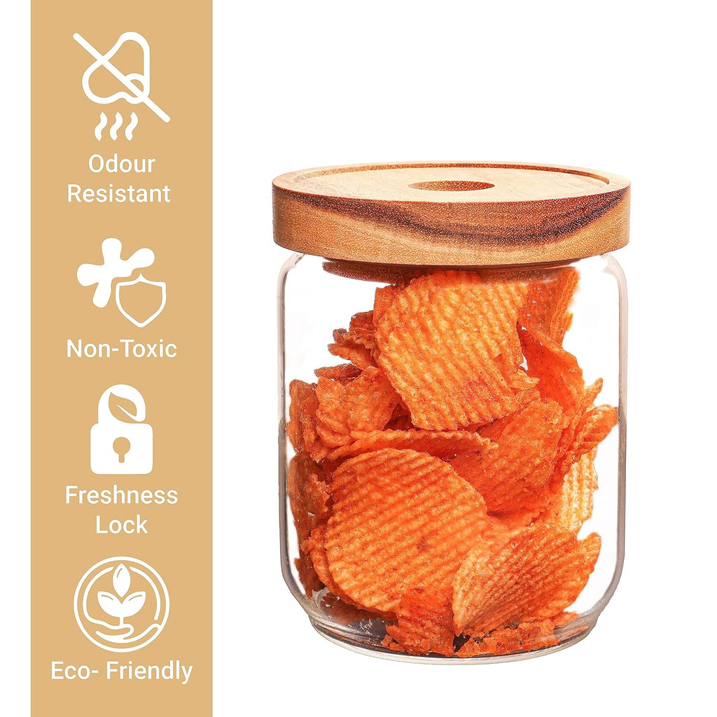 Femora Kitchen Storage Jars Borosilicate Glass Jar for Kitchen With Wooden Lid Air Tight Jar | 500 Ml | Pack of 2