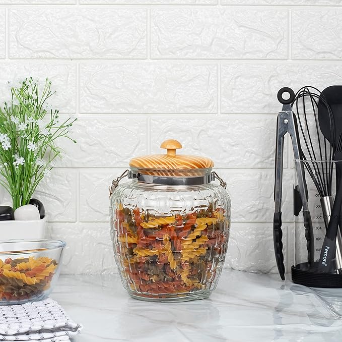 Femora Kitchen Storage Jars Embossed Glass Jar With Wooden Lid & Jute Chain Air Tight Jar | 2000 Ml | Pack of 1 Jar