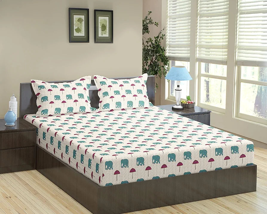 Trance Home Linen 180Tc 100% Cotton 78"X60" Standard Queen Size Elastic Fitted Bedsheet Printed Queen Bed Size With 2 Pillow Covers 180 TC Colour Ambari Teal