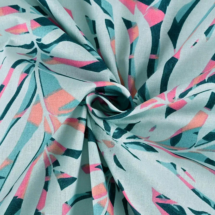 Divine Casa 144 TC 100% Cotton Double Bedsheet with 2 Pillow Covers Tropical Leaf Colour Light Blue Pink