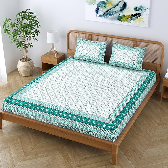 Colorish Cotton Blend Traditional Floral Jaipuri Block Printed Double Bedsheet King Size with 2 Pillow Covers | Turquoise Green