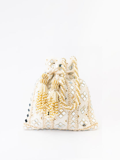 NR By Nidhi Rathi White Mirror Work Embroidered Potli Clutch