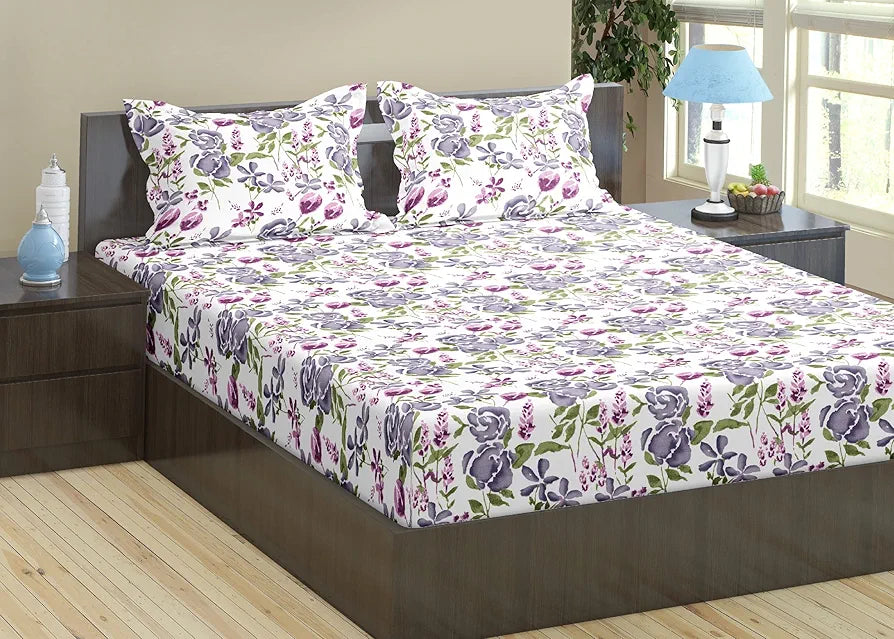 Trance Home Linen 180Tc 100% Cotton 78"X60" Standard Queen Size Elastic Fitted Bedsheet Printed Queen Bed Size With 2 Pillow Covers 180 tc Colour Huvu Lilac
