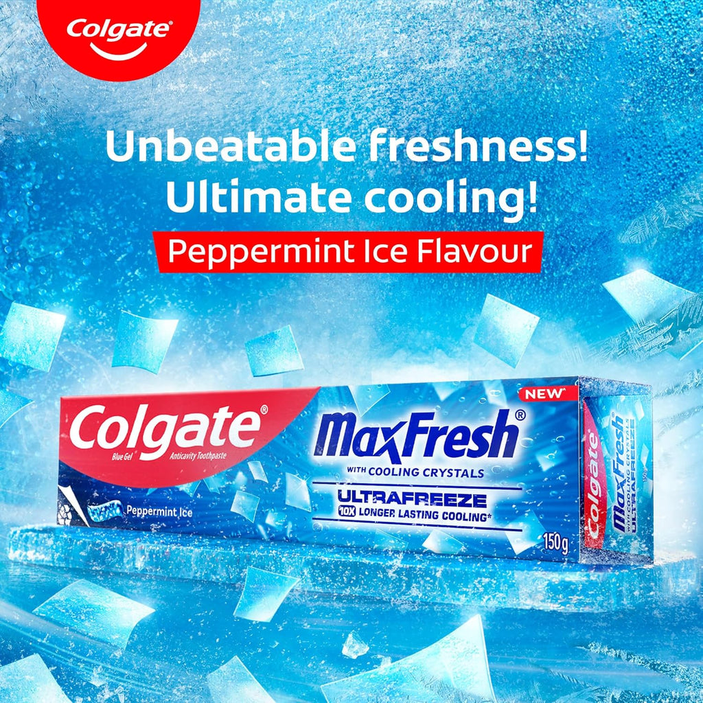 Colgate MaxFresh Breath Freshner Cavity Protection Toothpaste, 150g, Peppermint Ice, Blue Gel Paste with Menthol, Cooling crystals for fresh breath