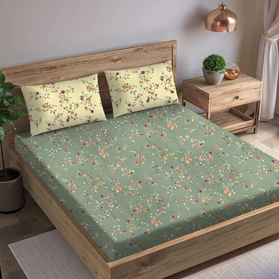 Trance Home Linen 180TC 100% Cotton 78"x72" Standard King Size Elastic Fitted Bedsheet Printed King Bed Size with 2 Pillow Covers King 78x72 inch Colour Lilly Green Ivory
