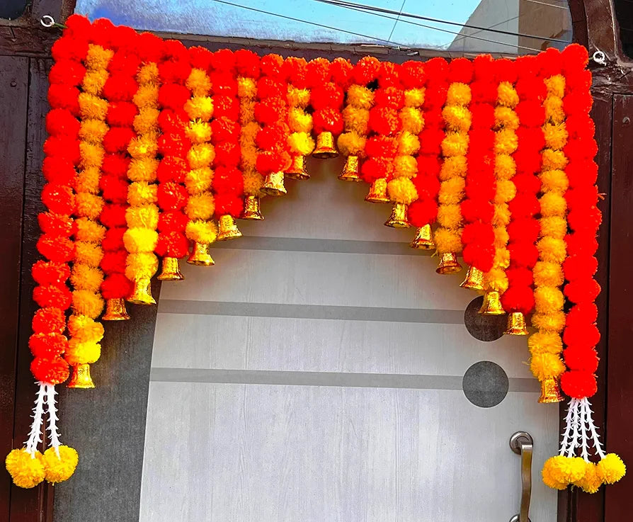 Artificial Marigold Bandanwar 40 Inch Orange & Yellow Fluffy Door Toran with Golden Bells Golden Bell With Marigold Bandanwar