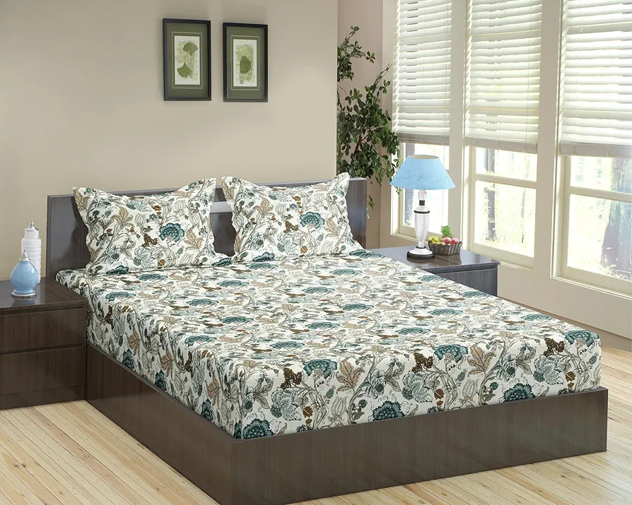 Trance Home Linen 180TC 100% Cotton 78"x72" Standard King Size Elastic Fitted Bedsheet Printed King Bed Size with 2 Pillow Covers Colour Malhaar Teal