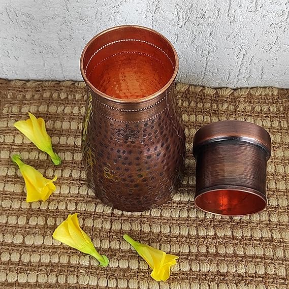 Indian Art Villa Pure Copper Bedroom Water Bottle With Inbuilt Glass Hammered Antique Design - 950 ml