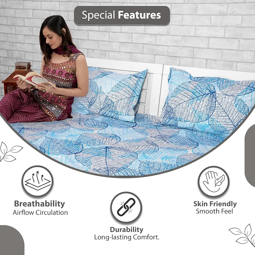 Divine Casa 100% Cotton 144 TC King Size Bedsheet with 2 Pillow Covers Colour Light Blue