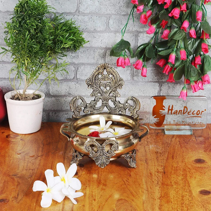 Two Moustaches Ethnic Carved Brass 7 Inches Decor Urli Bowl, Brass Urli for Home Decor, Standard, Pack of 1