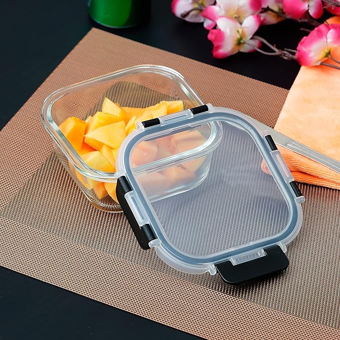 Femora Borosilicate Square Glass Container With Dectahable & Break Free Lid | Microwave Oven Safe | Black Color | 300 Ml