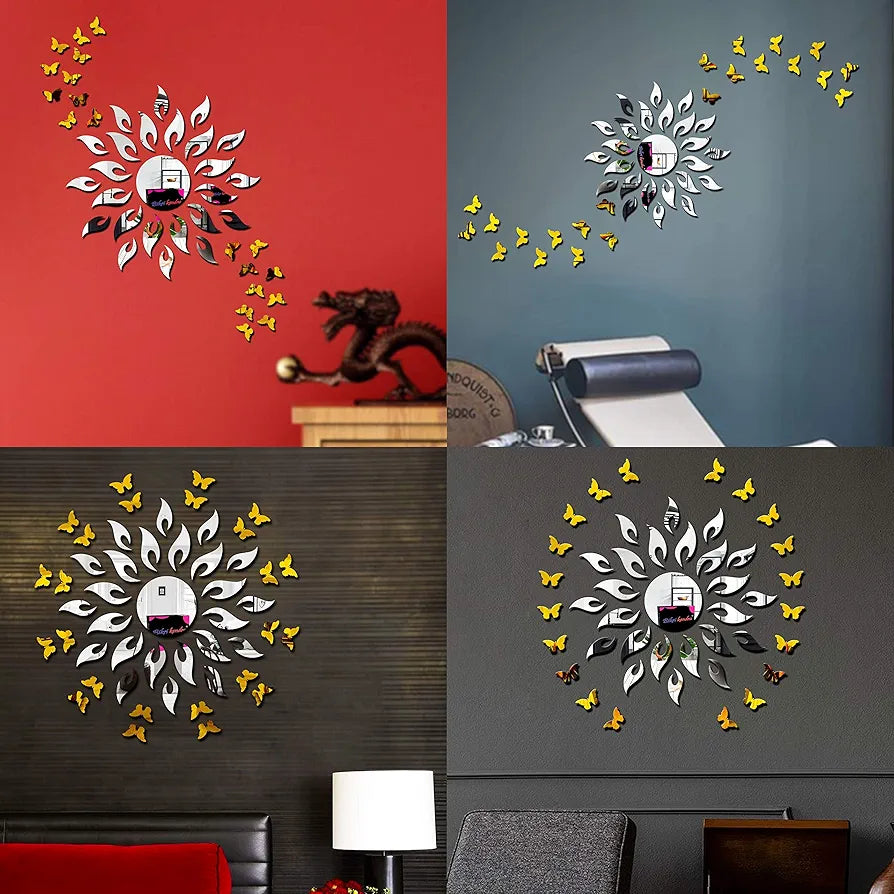 Bikri Kendra Art BK1OLK Sun Silver with 20 Butterfly Golden 3D Acrylic Mirror Wall Sticker