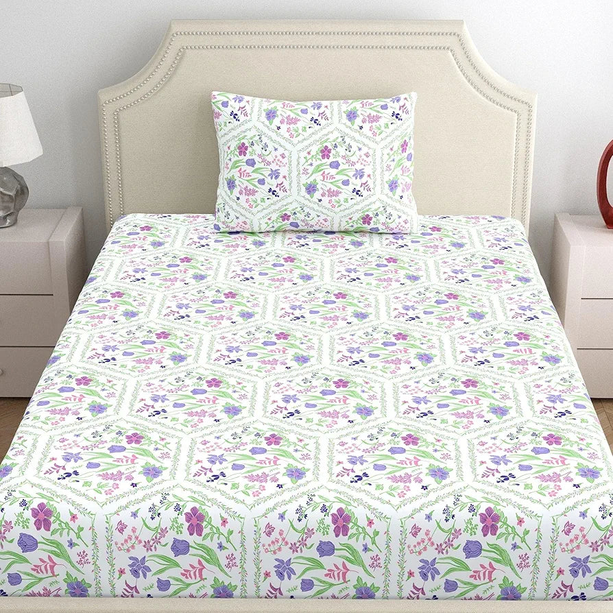 Dreamscape Cotton Single Bedsheet with 1 Pillow Cover Orchid Bloom