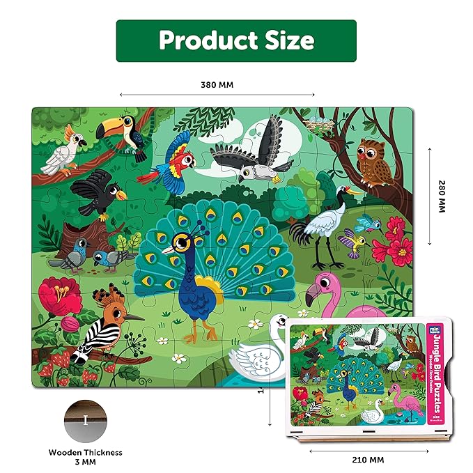 Mini Leaves 48 Piece Wooden Puzzle for Kids & Adults | Jungle Birds Jigsaw Puzzle | Fun & Challenging Floor Wooden Puzzle Game