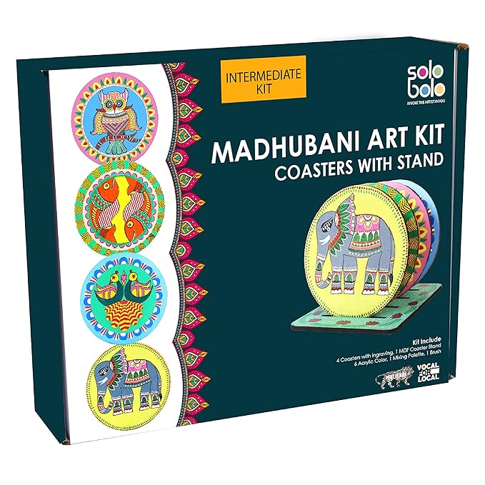 Solobolo Madhubani Painting Kit Tea Coasters With Stand | Art and Craft Coaster Diy Craft Kit | Painting Kit for Kids 6-12