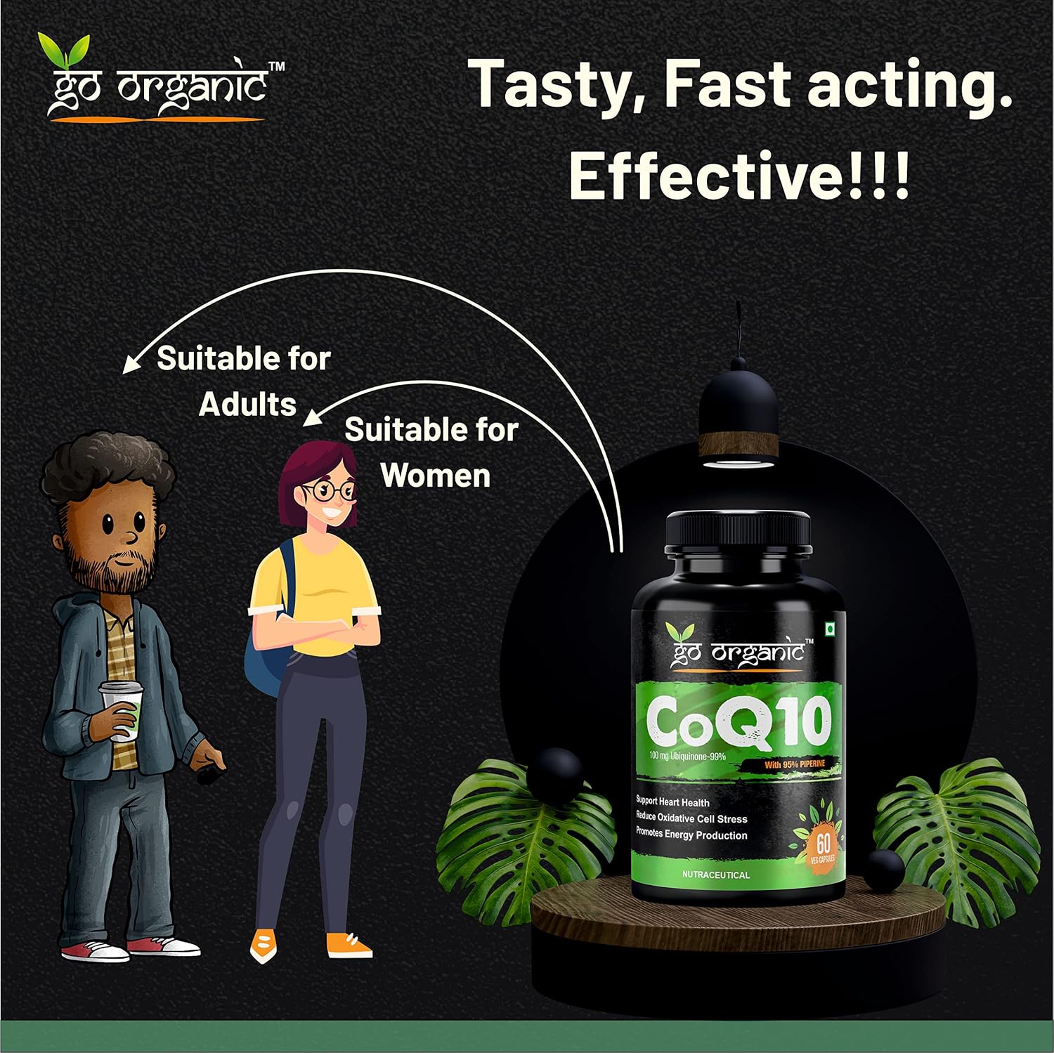 Go Organic Coenzyme Q10 100mg supplement with high absorption to improve BioPerine | 60 Capsule | Supplement for healthy heart and immunity 60 Count