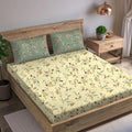 Trance Home Linen 180TC 100% Cotton 78"x72" Standard King Size Elastic Fitted Bedsheet Printed King Bed Size with 2 Pillow Covers Colour Lilly Ivory Green