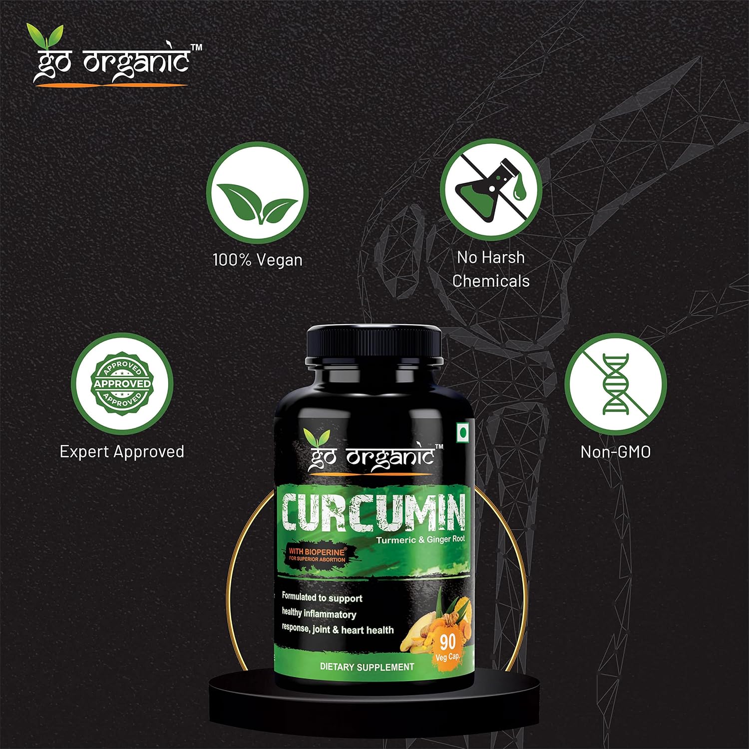 Go Organic Turmeric Curcumin 90 Veg Caps | Plant-Based Joint Support Supplement with BioPerine & Ginger | Potent Antioxidants for Healthy Inflammation, Joint Comfort & Lasting Structural Resilience