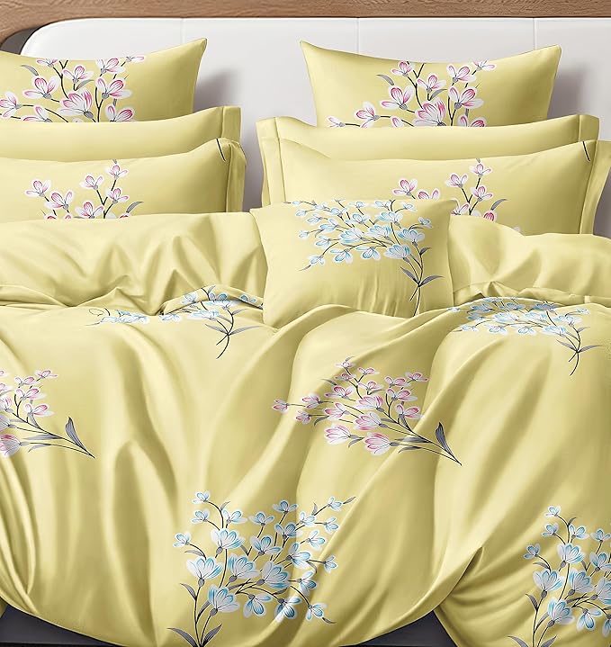 Cortina 140 Tc 100% Microfiber Printed Double Bedsheet Set With Two Pillow Case | 90x100 Inches | Leaf | Yellow