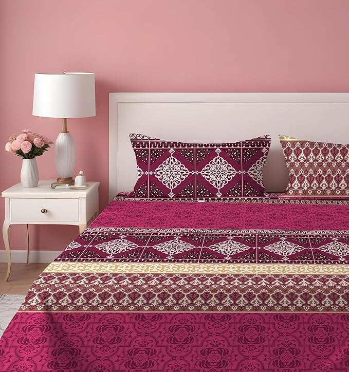 Dreamlet Presents Luxurious Supersoft Cotton Feel 210tc King Size Elastic Fitted Double Bedsheets With 2 Pillow Covers | Magenta