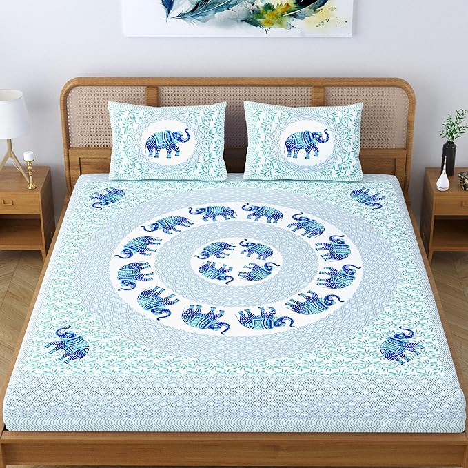 Colorish Jaipuri Traditional Elephant Printed Cotton Blend Bed Sheet With 2 Pillow Covers | Spectral Blue