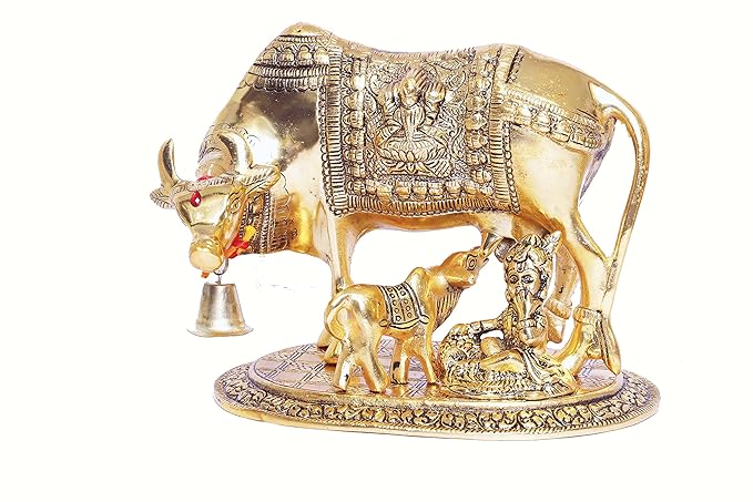 KridayKraft Metal Kamdhenu Cow Calf with Bal Gopal Krishna Statue for Good Luck Gold Standard