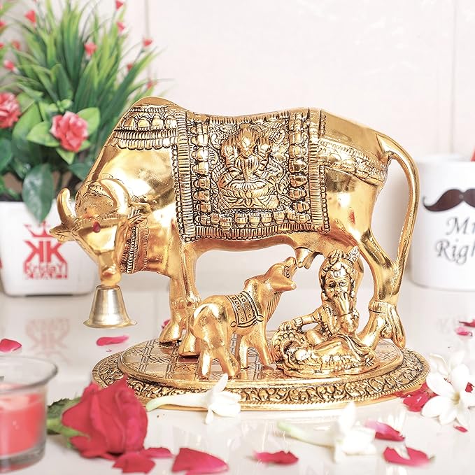 KridayKraft Metal Kamdhenu Cow Calf with Bal Gopal Krishna Statue for Good Luck Gold Standard