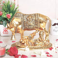KridayKraft Metal Kamdhenu Cow Calf with Bal Gopal Krishna Statue for Good Luck Gold Standard