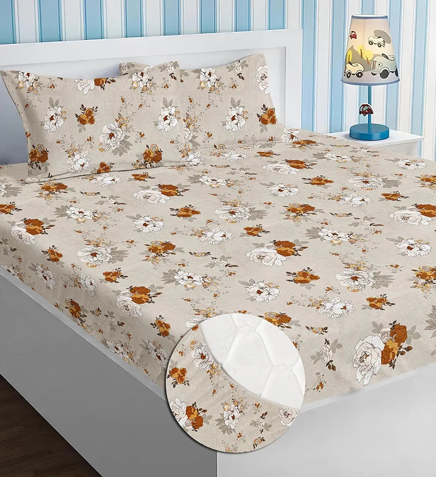 Homekart Premium Cotton Elastic Fitted Bedsheets with 2 King Size Pillow Covers Double Bed Flower Print Beige and Brown 200 tc - 220 tc