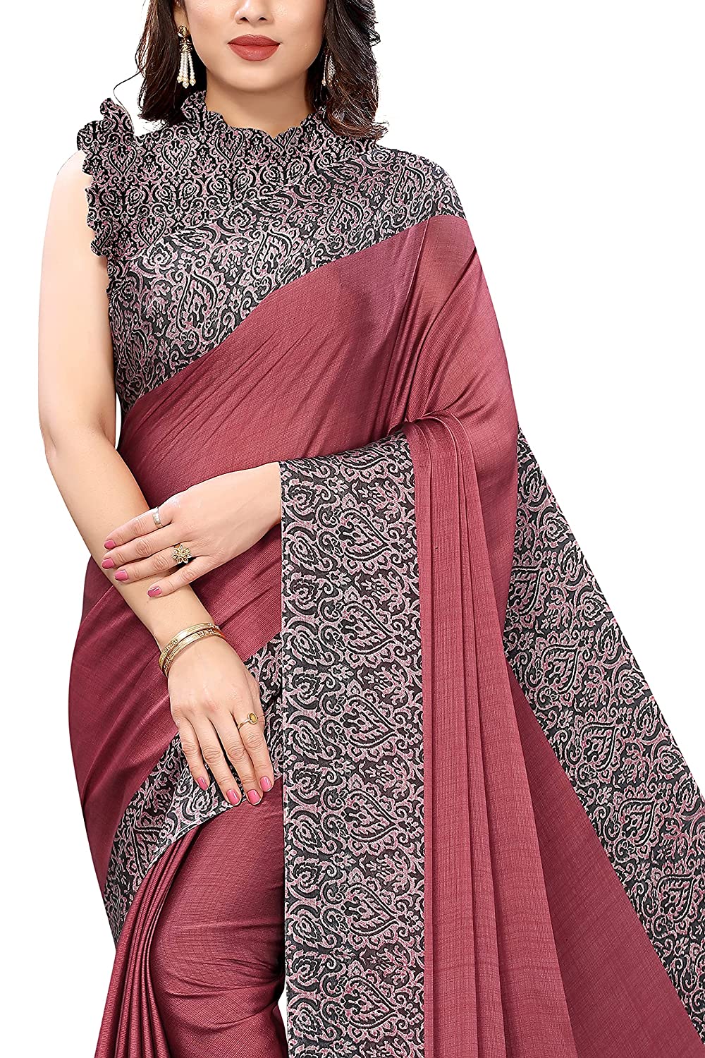 Mirchi Fashion Women's Pink & Black Printed Chiffon Saree