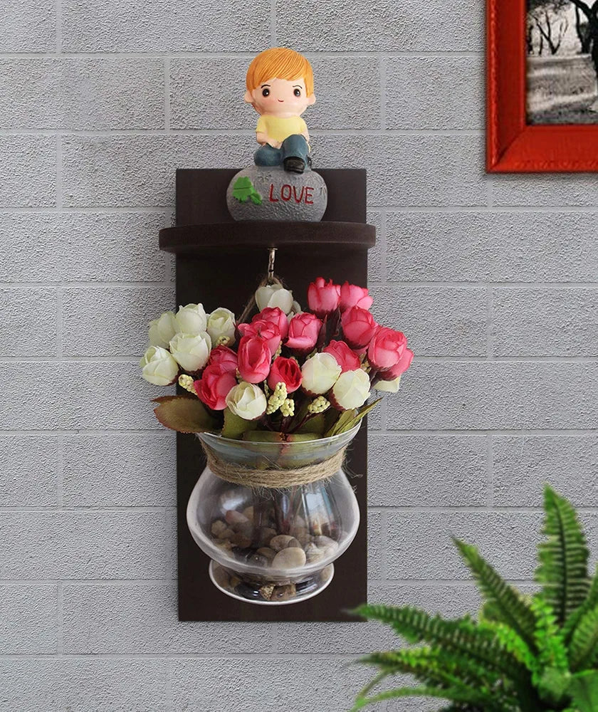 Decorative Wall Shelf with Flower Pot and Artificial Flowers
