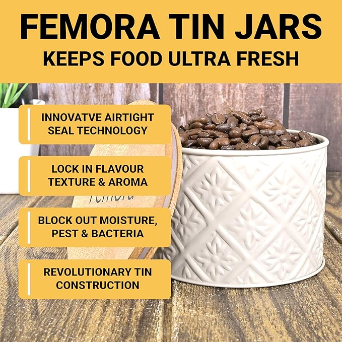 Femora Kitchen Storage Jars Tin Jar With Wooden Lid Air Tight Jar | 300 Ml | Set of 2