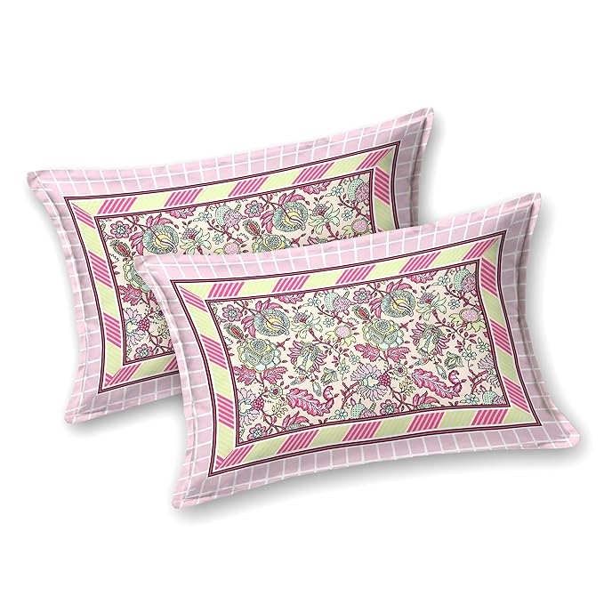 Colorish Cotton Blend Floral Printed Jaipuri King Size Double Bedsheet Set With 2 Pillow Covers | Peach Paradise
