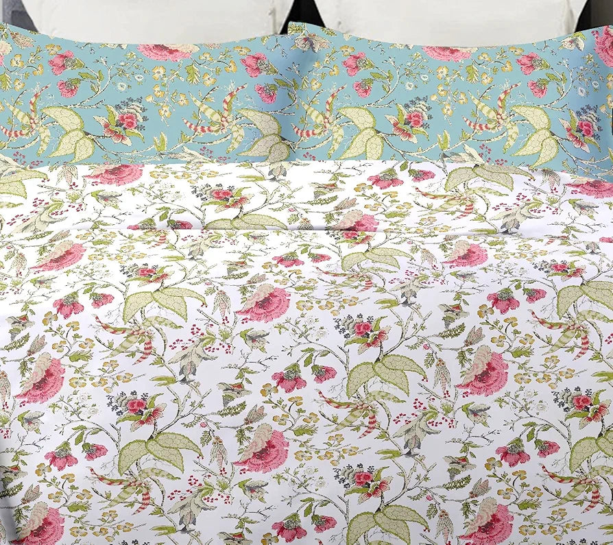 Trance Home Linen 180Tc 100% Cotton Printed Zippered Duvet Cover/Blanket Cover/Quilt Cover Queen Size with 2 Pillow Covers 180 tc Calicut Colour White Green