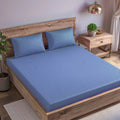 Trance Home Linen 100% Cotton Premium 300TC Jacquard Weave Fitted Bedsheet for King Size Bed with 2 Pillow Cover Skin Friendly Colour Med Blue