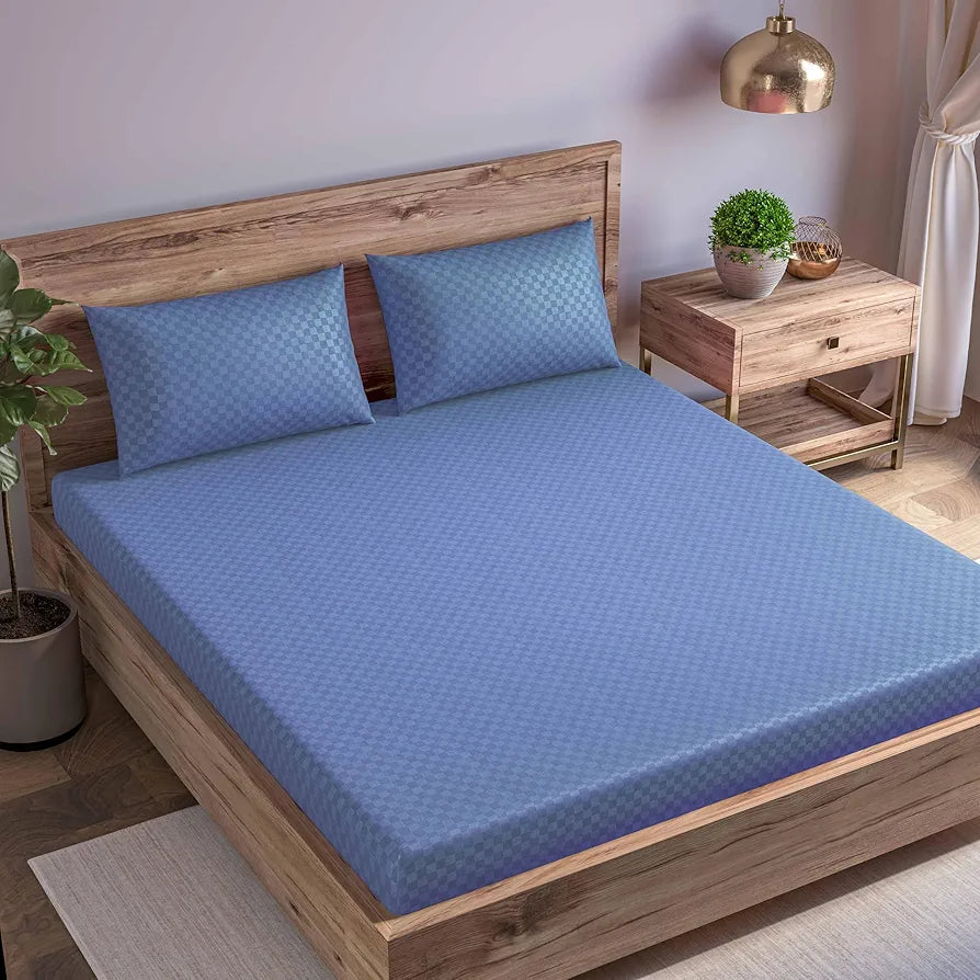 Trance Home Linen 300TC Pure 100% Cotton Queen Size Jacquard Weave Fitted Bedsheet with 2 Pillow Covers Colour Mediterranean Blue