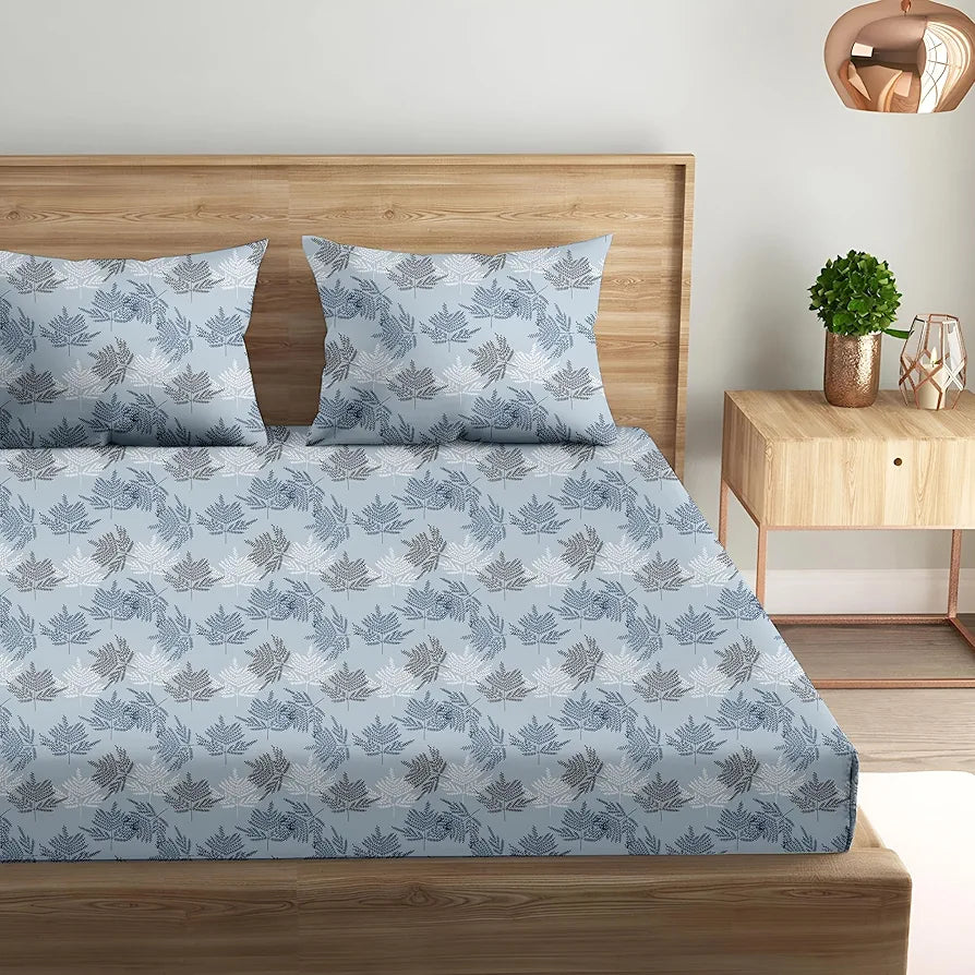 Trance Home Linen Pure 100% Cotton 144Tc Printed King Fitted Bedsheet with 2 Pillow Covers 144 tc Colour Ferns Paradise Blue