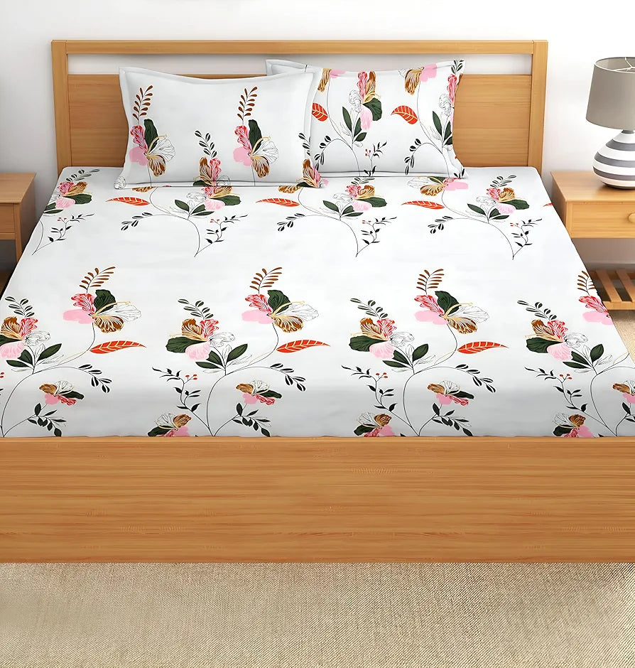Starnstyle Polycotton 220 TC Floral Printed King Size Double Bedsheet with 2 Pillow Covers Multid