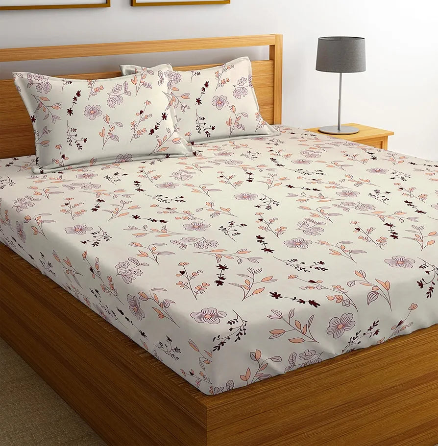 Homekart Premium Cotton Elastic Fitted Bedsheets with 2 King Size Pillow Covers Double Bed Flower Print Color Almonds 220 tc, multicolor