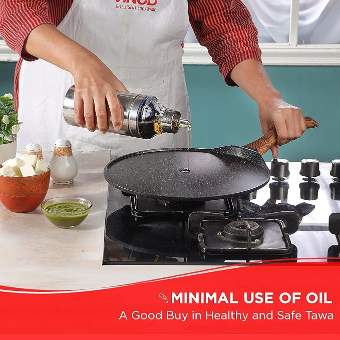 Vinod Zest Plus Die Cast Aluminium Non Stick Tawa - 28 cm | Roti / Paratha / Dosa Tawa with Wooden Handle | 5mm Thick