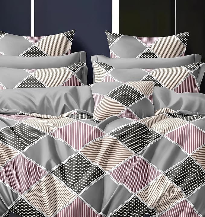 Cortina 140 Tc 100% Microfiber Printed Double Bedsheet Set With Two Pillow Case | 90x100 Inches | Pink/grey | Striped