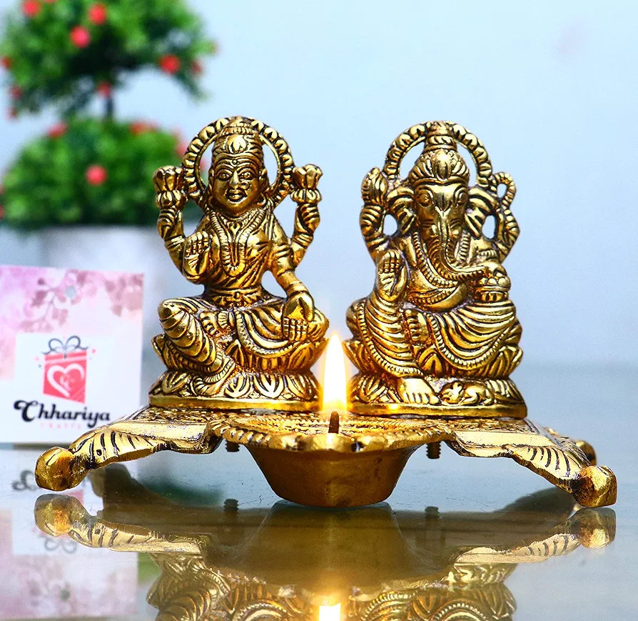 Chhariya Crafts Lakshmi Ganesha With Diya Statue Idol Murti in Metal Decorative Showpiece - 15 Cm