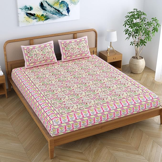 Colorish Cotton Blend Floral Printed Jaipuri King Size Double Bedsheet Set With 2 Pillow Covers | Peach Paradise