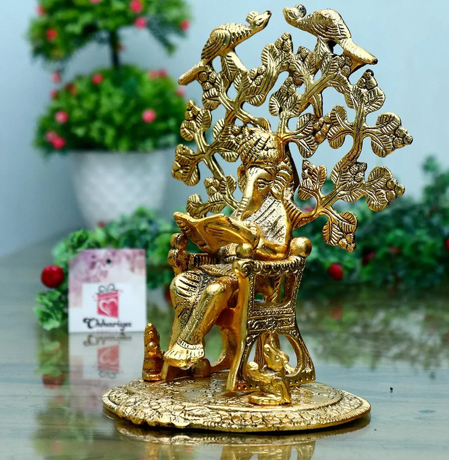 Chhariya Crafts Metal Ganesh Reading Ramayana Statue Ganesh Ganpati Sitting on Chair Idol