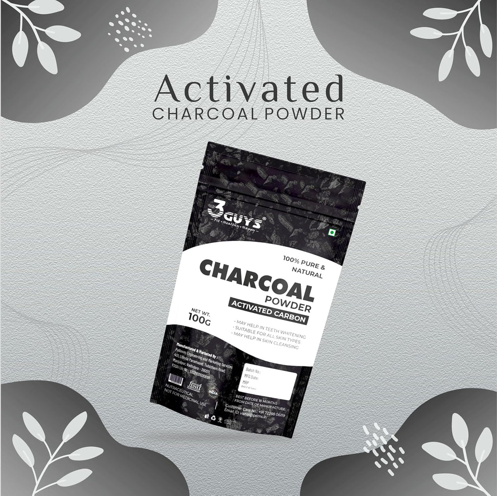 3 Guys Activated Charcoal Powder with Activated Carbon for Face Pack, Deep Cleansing and Detoxifying, 100gm