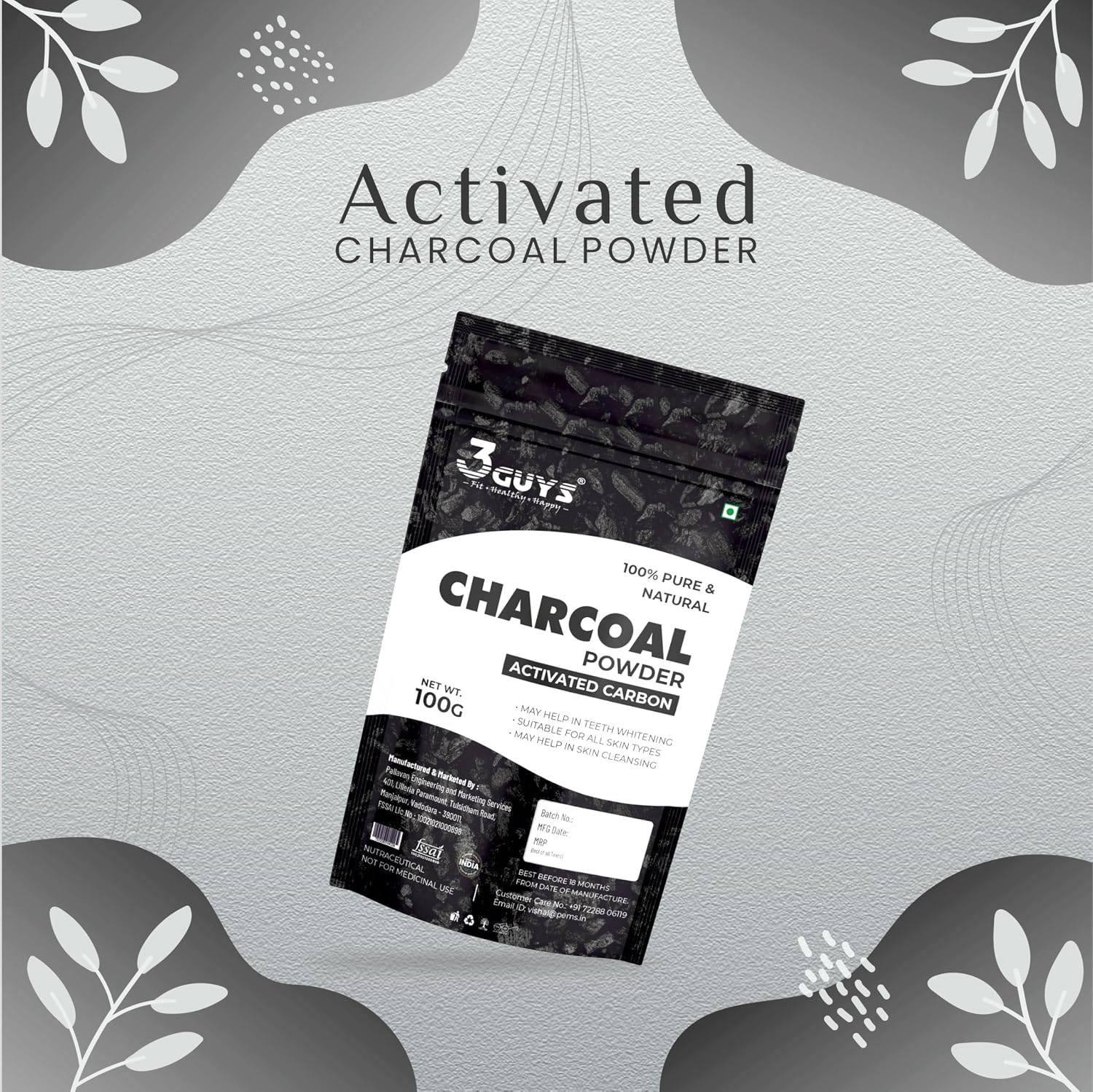 3 Guys Activated Charcoal Powder with Activated Carbon for Face Pack, Deep Cleansing and Detoxifying, 100gm